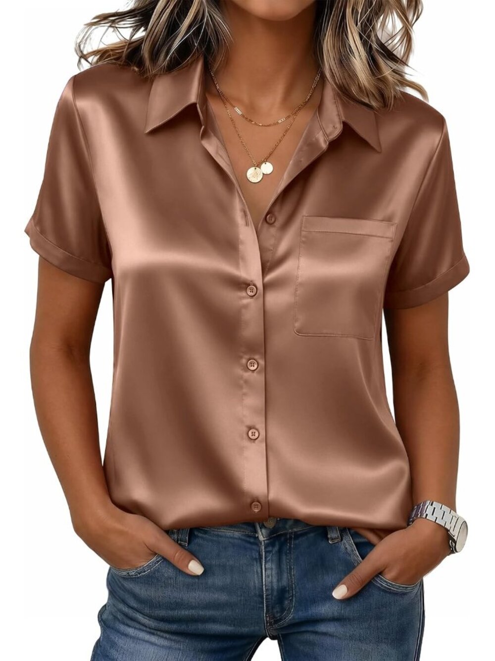 Satin Blouses for Women Silk Button Down Short Sleeve Shirts